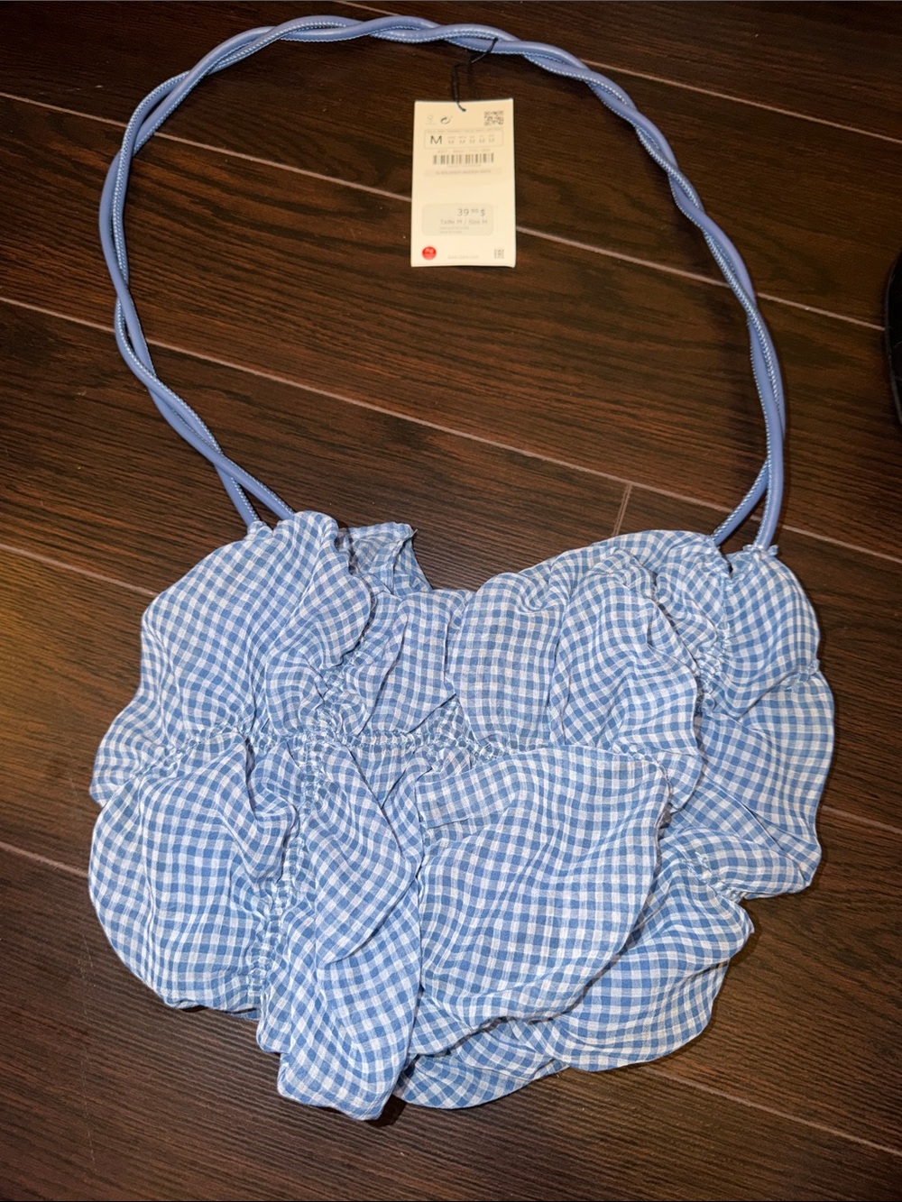 Zara Light Blue Gingham Ruched Shoulder Bag with Braided Strap